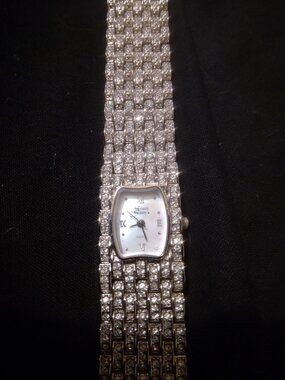 Suzanne Somers Crystal Pavé Watch Mother of Pearl Dial Silver Tone